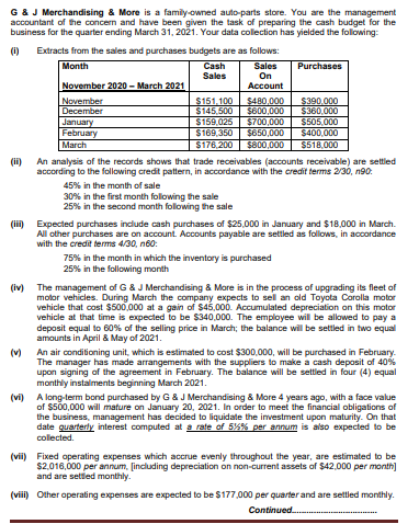 G&J Merchandising & More is a family-owned auto-parts store. You are the management
accountant of the concern and have been given the task of preparing the cash budget for the
business for the quarter ending March 31, 2021. Your data collection has yielded the following:
(i)
Extracts from the sales and purchases budgets are as follows:
Sales
On
Account
Month
Cash
Purchases
Sales
November 2020 - March 2021
November
December
January
February
March
$151.100
$145,500
$159,025
$169,350
$176,200
$480,000
$600,000
$700,000
$650,000
$800,000
$390.000
$360,000
$505,000
$400,000
$518.000
(i) An analysis of the records shows that trade receivables (accounts receivable) are settled
according to the following credit pattern, in accordance with the credit terms 2/30, n90:
45% in the month of sale
30% in the first month following the sale
25% in the second month following the sale
(ii) Expected purchases include cash purchases of $25.000 in January and $18,000 in March.
All other purchases are on account. Accounts payable are settled as follows, in accordance
with the credit terms 4/30, n60:
75% in the month in which the inventory is purchased
25% in the following month
(iv) The management of G & J Merchandising & More is in the process of upgrading its fleet of
motor vehicles. During March the company expects to sel an old Toyota Corolla motor
vehicle that cost $500,000 at a gain of $45,000. Accumulated depreciation on this motor
vehicle at that time is expected to be $340.000. The employee will be allowed to pay a
deposit equal to 80% of the selling price in March; the balance will be settled in two equal
amounts in April & May of 2021.
(v)
An air conditioning unit, which is estimated to cost $300.000, will be purchased in February.
The manager has made arrangements with the suppliers to make a cash deposit of 40%
upon signing of the agreement in February. The balance will be settled in four (4) equal
monthly instalments beginning March 2021.
(vi) A long-term bond purchased by G& J Merchandising & More 4 years ago, with a face value
of $500,000 will mature on January 20, 2021. In order to meet the financial obligations of
the business, management has decided to liquidate the investment upon maturity. On that
date quarterly interest computed at a rate of 5%% per annum is also expected to be
collected.
(vii) Fixed operating expenses which accrue evenly throughout the year, are estimated to be
$2.016,000 per annum. [including depreciation on non-current assets of $42,000 per month]
and are settled monthly.
(viii) Other operating expenses are expected to be $177,000 per quarter and are settled monthly.
Continued.
