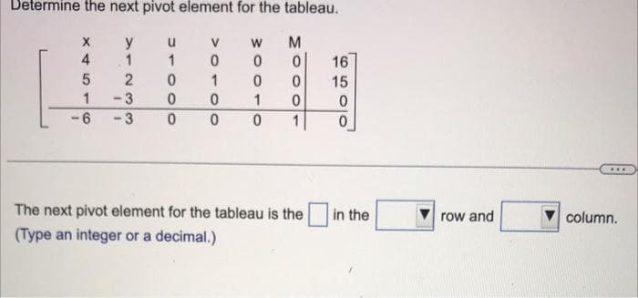 Determine the next pivot element for the tableau.
x
y u v
w M
4
1 1 0 0 0
5
2
-3
-3
1
6
JYOOO
0
>OTOO
0 0
0
0
०००६
0
0
MOOOT
The next pivot element for the tableau is the
(Type an integer or a decimal.)
16
15
0
in the
row and
***
column.