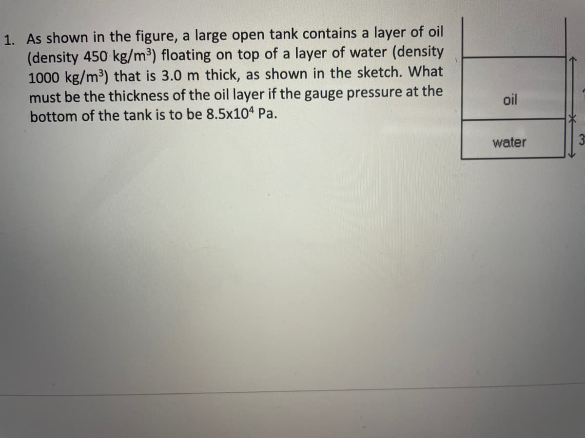 1. As shown in the figure, a large open tank contains a layer of oil
(density 450 kg/m³) floating on top of a layer of water (density
1000 kg/m³) that is 3.0 m thick, as shown in the sketch. What
must be the thickness of the oil layer if the gauge pressure at the
bottom of the tank is to be 8.5x104 Pa.
oil
water
31
