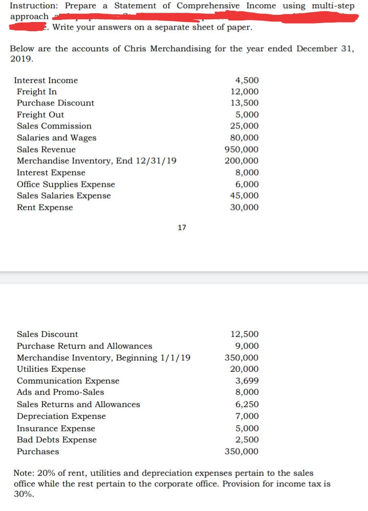 Instruction: Prepare a Statement of Comprehensive Income using multi-step
approach
Write your answers on a separate sheet of paper.
Below are the accounts of Chris Merchandising for the year ended December 31,
2019.
4,500
12,000
13,500
Interest Income
Freight In
Purchase Discount
Freight Out
Sales Commission
5,000
25,000
Salaries and Wages
80,000
Sales Revenue
950,000
200,000
8,000
Merchandise Inventory, End 12/31/19
Interest Expense
Office Supplies Expense
Sales Salaries Expense
Rent Expense
6,000
45,000
30,000
17
Sales Discount
12,500
Purchase Return and Allowances
9,000
Merchandise Inventory, Beginning 1/1/19
Utilities Expense
350,000
20,000
3,699
8,000
Communication Expense
Ads and Promo-Sales
Sales Returns and Allowances
6,250
Depreciation Expense
Insurance Expense
Bad Debts Expense
7,000
5,000
2,500
Purchases
350,000
Note: 20% of rent, utilities and depreciation expenses pertain to the sales
office while the rest pertain to the corporate office. Provision for income tax is
30%.
