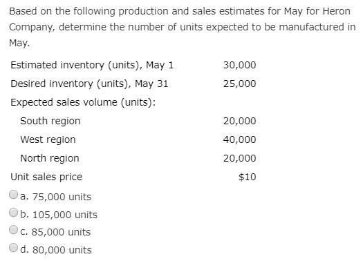 Based on the following production and sales estimates for May for Heron
Company, determine the number of units expected to be manufactured in
May.
Estimated inventory (units), May 1
30,000
Desired inventory (units), May 31
25,000
Expected sales volume (units):
South region
20,000
West region
40,000
North region
20,000
Unit sales price
$10
a. 75,000 units
Ob. 105,000 units
C. 85,000 units
d. 80,000 units
