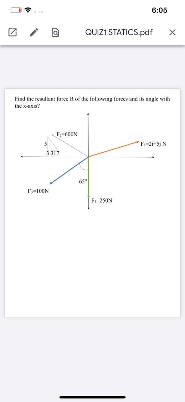 6:05
QUIZ1STATICS.pdf
Find the resultant force R of the following forces and its angle with
the x-axis?
F2=600N
F=2i+5j N
3.317
65°
F3=100N
F4=250N
