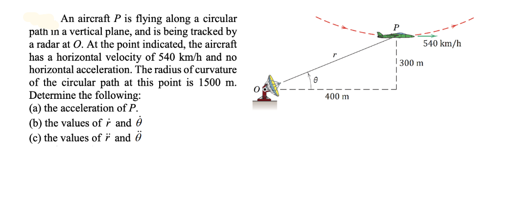 An aircraft P is flying along a circular
path in a vertical plane, and is being tracked by
a radar at O. At the point indicated, the aircraft
has a horizontal velocity of 540 km/h and no
horizontal acceleration. The radius of curvature
P
540 km/h
| 300 m
of the circular path at this point is 1500 m.
Determine the following:
(a) the acceleration of P.
(b) the values of r and Ô
(c) the values of i and Ô
400 m
