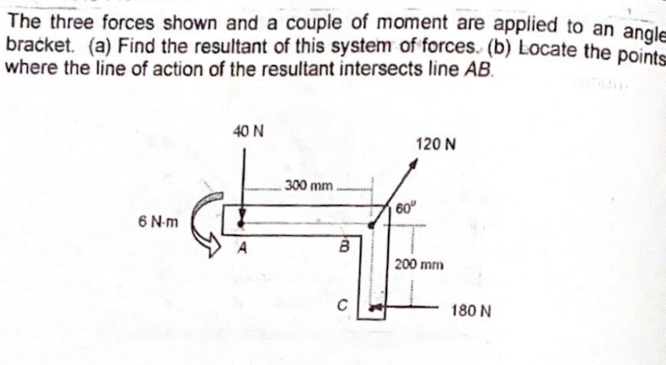 The three forces shown and a couple of moment are applied to an angle
bračket. (a) Find the resultant of this system of forces. (b) Locate the points
where the line of action of the resultant intersects line AB.
40 N
120 N
300 mm
60
6 N-m
200 mm
C
180 N
