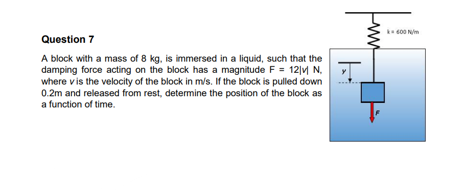 Question 7
A block with a mass of 8 kg, is immersed in a liquid, such that the
damping force acting on the block has a magnitude F = 12|v| N,
where v is the velocity of the block in m/s. If the block is pulled down
0.2m and released from rest, determine the position of the block as
a function of time.
T
www
k= 600 N/m