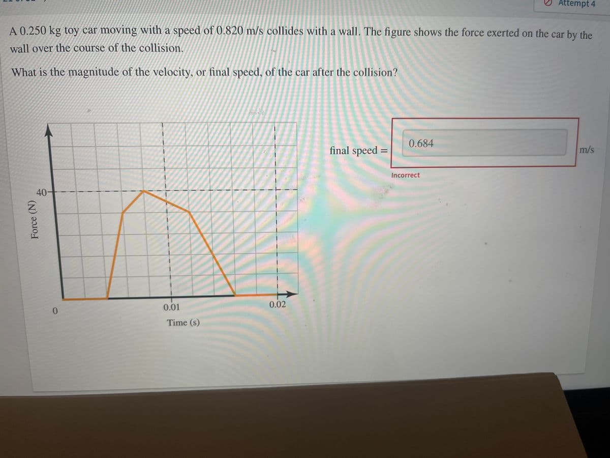 A 0.250 kg toy car moving with a speed of 0.820 m/s collides with a wall. The figure shows the force exerted on the car by the
wall over the course of the collision.
What is the magnitude of the velocity, or final speed, of the car after the collision?
Force (N)
40-
0
0.01
Time (s)
0.02
final speed =
0.684
Attempt 4
Incorrect
m/s