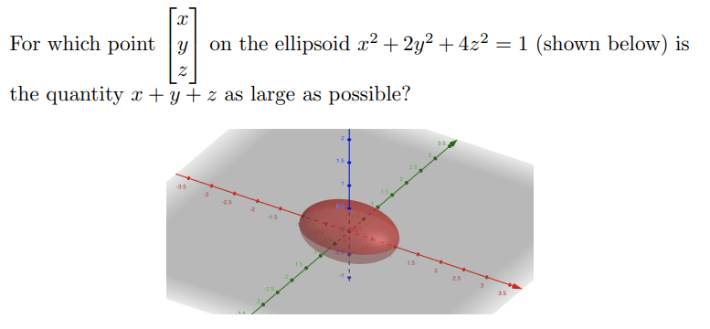 = 1 (shown below) is
which point y
on the ellipsoid x² + 2y² + 4z²
For
the quantity x + y + z as large as possible?
35
1.5
25
35
