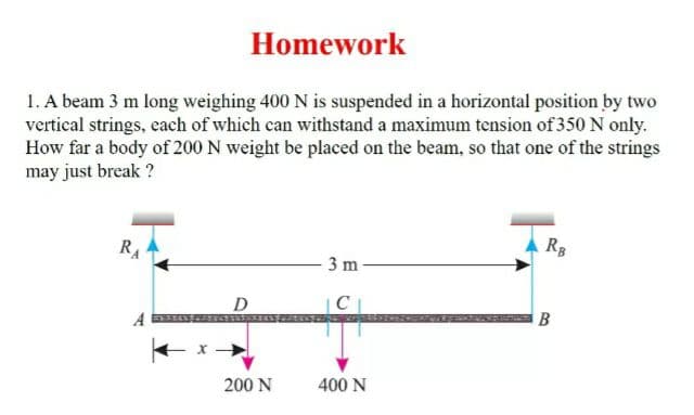 Homework
1. A beam 3 m long weighing 400 N is suspended in a horizontal position by two
vertical strings, each of which can withstand a maximum tension of 350 N only.
How far a body of 200 N weight be placed on the beam, so that one of the strings
may just break ?
RA
R3
3 m
D
C
A
B
200 N
400 N
