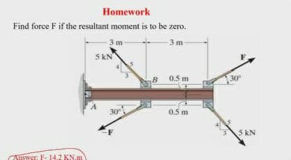 Homework
Find force F if the resultant moment is to be zero.
3 m
3 m
5 kN
0.5 m
30
30
0.5 m
5 kN
Answer F- 14.2 KN.m
