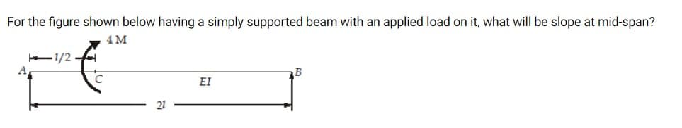 For the figure shown below having a simply supported beam with an applied load on it, what will be slope at mid-span?
4 M
-1/2
B
EI
21

