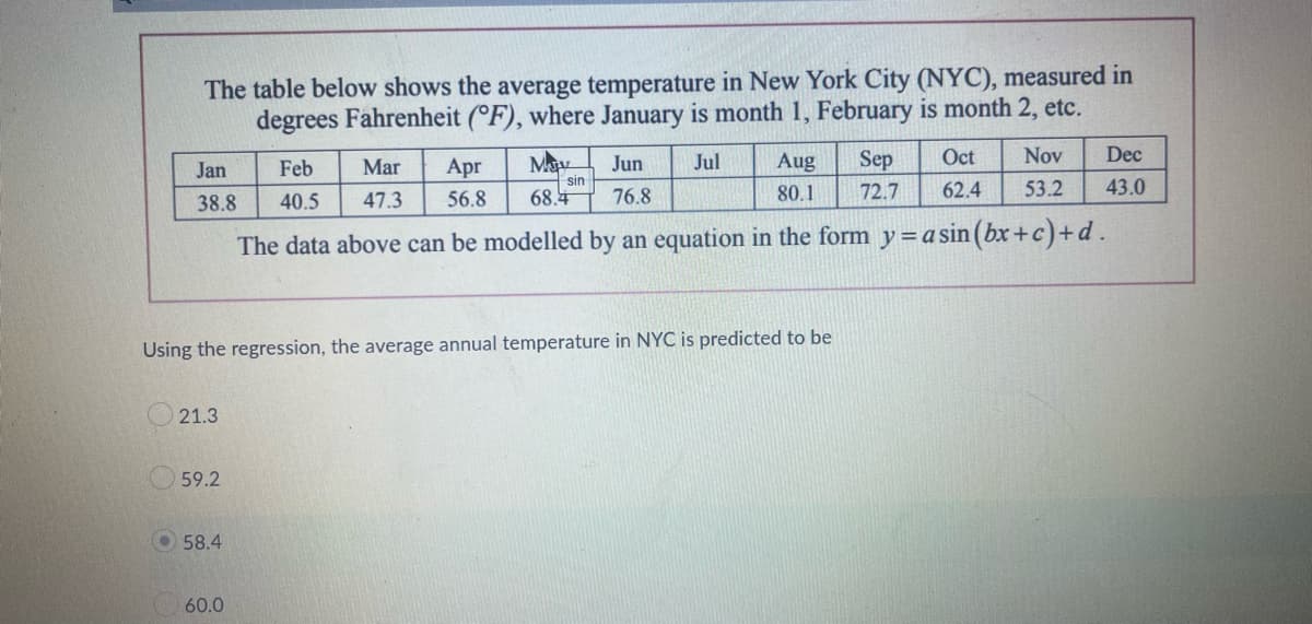 The table below shows the average temperature in New York City (NYC), measured in
degrees Fahrenheit (°F), where January is month 1, February is month 2, etc.
Jul
Jan
38.8
21.3
59.2
Using the regression, the average annual temperature in NYC is predicted to be
58.4
Jun
Aug
Oct Nov
Feb
Mar Apr
40.5 47.3 56.8
Sep
72.7 62.4 53.2
76.8
80.1
The data above can be modelled by an equation in the form y = a sin (bx+c) + d.
60.0
Ma
68.4
sin
Dec
43.0
