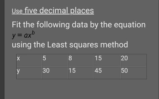 Use five decimal places
Fit the following data by the equation
y = axb
using the Least squares method
15
20
y
30
15
45
50
