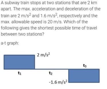 A subway train stops at two stations that are 2 km
apart. The max, acceleration and deceleration of the
train are 2 m/s? and 1.6 m/s2, respectively and the
max. allowable speed is 20 m/s. Which of the
following gives the shortest possible time of travel
between two stations?
a-t graph:
2 m/s?
t3
t2
-1.6 m/s2
