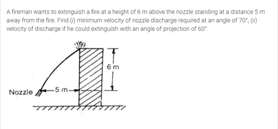 A fireman wants to extinguish a fire at a height of 6 m above the nozzle standing at a distance 5 m
away from the fire. Find (1) minimum velocity of nozzle discharge required at an angle of 70°, (ii)
velocity of discharge if he could extinguish with an angle of projection of 60°.
6 m
Nozzle
-5 m.
