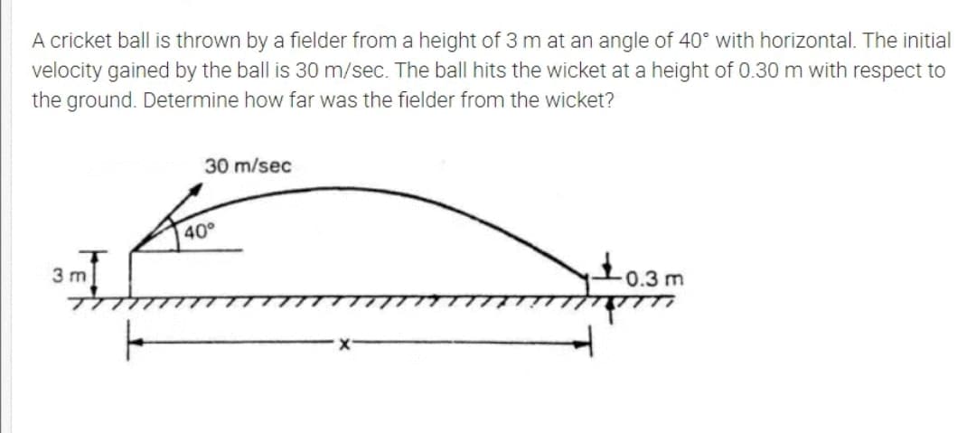 A cricket ball is thrown by a fielder from a height of 3 m at an angle of 40° with horizontal. The initial
velocity gained by the ball is 30 m/sec. The ball hits the wicket at a height of 0.30 m with respect to
the ground. Determine how far was the fielder from the wicket?
30 m/sec
40°
3 m
0.3 m
