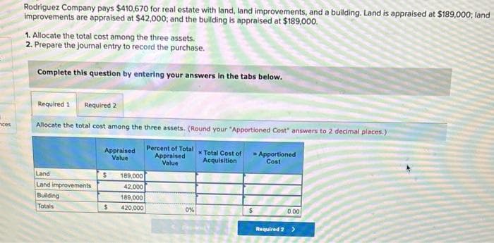 ces
Rodriguez Company pays $410,670 for real estate with land, land improvements, and a building. Land is appraised at $189,000; land
improvements are appraised at $42,000; and the building is appraised at $189,000.
1. Allocate the total cost among the three assets.
2. Prepare the journal entry to record the purchase.
Complete this question by entering your answers in the tabs below.
Required 1 Required 2
Allocate the total cost among the three assets. (Round your "Apportioned Cost" answers to 2 decimal places.)
Percent of Total
Appraised
Value
Land
Land improvements
Building
Totals
Appraised
Value
$
$
189,000
42,000
189,000
420,000
0%
* Total Cost of
Acquisition
= Apportioned
Cost
$
0.00
Required 2 >