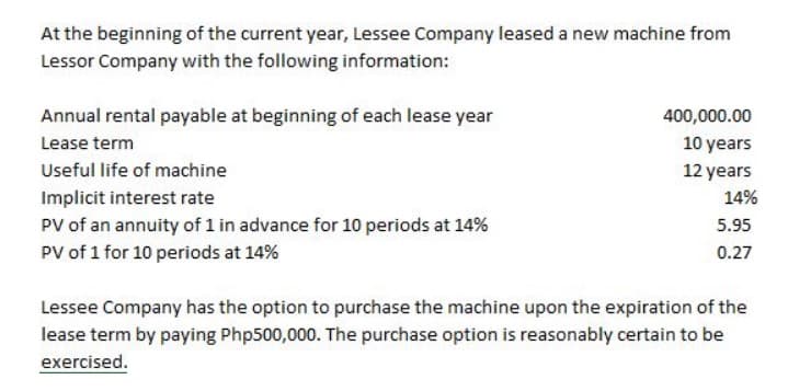 At the beginning of the current year, Lessee Company leased a new machine from
Lessor Company with the following information:
Annual rental payable at beginning of each lease year
400,000.00
Lease term
10 years
Useful life of machine
12 years
Implicit interest rate
PV of an annuity of 1 in advance for 10 periods at 14%
PV of 1 for 10 periods at 14%
14%
5.95
0.27
Lessee Company has the option to purchase the machine upon the expiration of the
lease term by paying Php500,000. The purchase option is reasonably certain to be
exercised.
