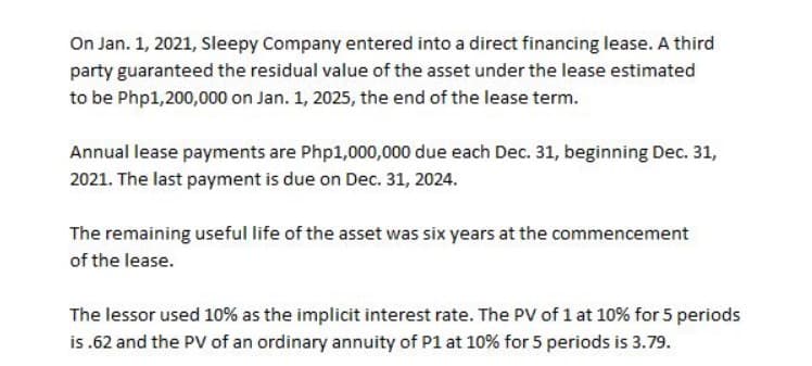 On Jan. 1, 2021, Sleepy Company entered into a direct financing lease. A third
party guaranteed the residual value of the asset under the lease estimated
to be Php1,200,000 on Jan. 1, 2025, the end of the lease term.
Annual lease payments are Php1,000,000 due each Dec. 31, beginning Dec. 31,
2021. The last payment is due on Dec. 31, 2024.
The remaining useful life of the asset was six years at the commencement
of the lease.
The lessor used 10% as the implicit interest rate. The PV of 1 at 10% for 5 periods
is .62 and the PV of an ordinary annuity of P1 at 10% for 5 periods is 3.79.
