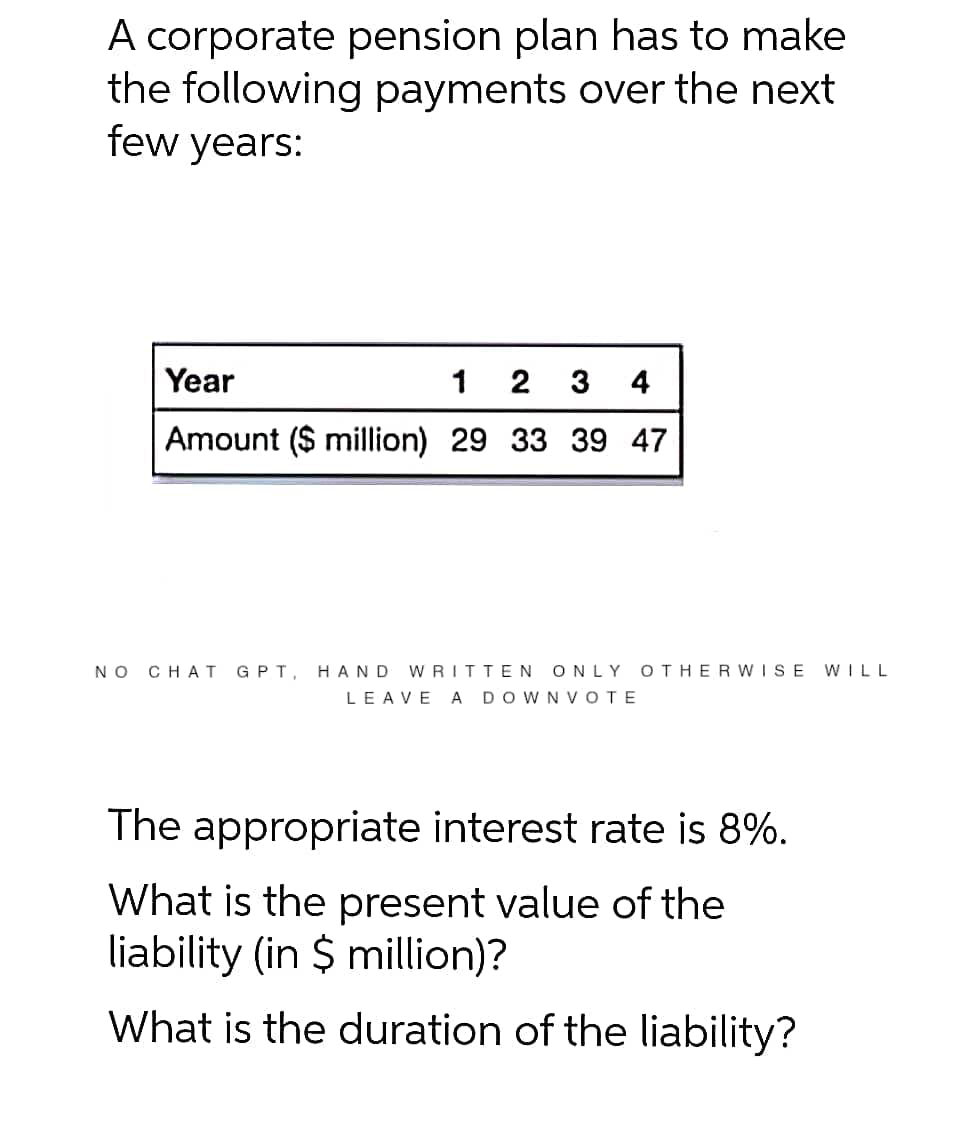 A corporate pension plan has to make
the following payments over the next
few years:
Year
1 2 3 4
Amount ($ million) 29 33 39 47
NO CHAT GPT, HAND WRITTEN ONLY OTHERWISE WILL
LEAVE A DOWNVOTE
The appropriate interest rate is 8%.
What is the present value of the
liability (in $ million)?
What is the duration of the liability?