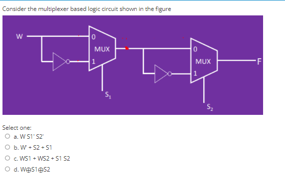 Consider the multiplexer based logic circuit shown in the figure
MUX
MUX
1
Select one:
a. W S1' S2'
O b. W + S2 + S1
c. WS1 + WS2 + S1 S2
O d. WeS1es2
