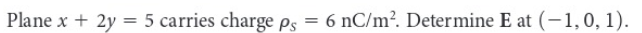 Plane x + 2y = 5 carries charge ps = 6 nC/m². Determine E at (-1, 0, 1).