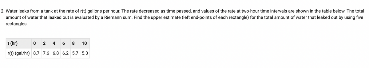 2. Water leaks from a tank at the rate of r(t) gallons per hour. The rate decreased as time passed, and values of the rate at two-hour time intervals are shown in the table below. The total
amount of water that leaked out is evaluated by a Riemann sum. Find the upper estimate (left end-points of each rectangle) for the total amount of water that leaked out by using five
rectangles.
t (hr)
0 2
6 8 10
r(t) (gal/hr) 8.7 7.6 6.8 6.2 5.7 5.3