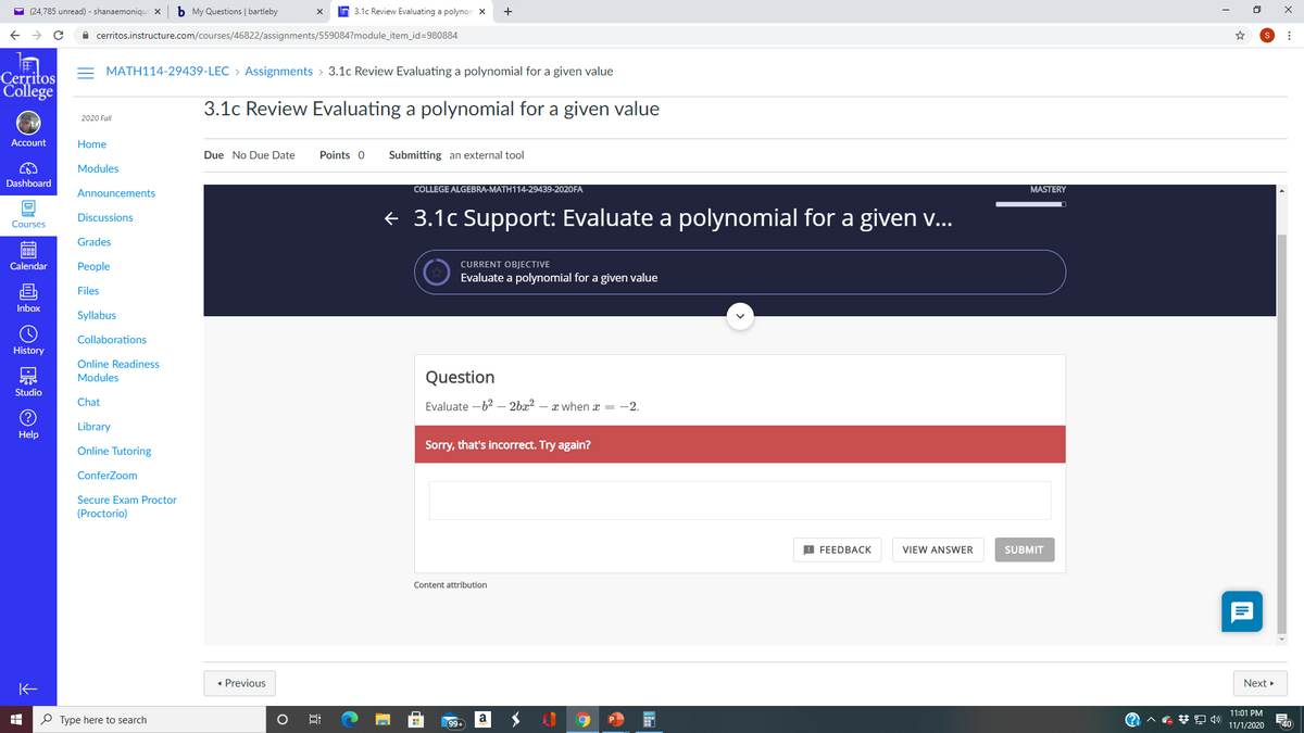 - (24,785 unread) - shanaemoniqu X
b My Questions | bartleby
3.1c Review Evaluating a polynon x
+
A cerritos.instructure.com/courses/46822/assignments/559084?module_item_id=980884
MATH114-29439-LEC > Assignments > 3.1c Review Evaluating a polynomial for a given value
Cerritos
College
3.1c Review Evaluating a polynomial for a given value
2020 Fall
Account
Home
Due No Due Date
Points 0
Submitting an external tool
Modules
Dashboard
COLLEGE ALGEBRA-MATH114-29439-2020FA
MASTERY
Announcements
+ 3.1c Support: Evaluate a polynomial for a given v...
Discussions
Courses
Grades
Calendar
Реople
CURRENT OBJECTIVE
Evaluate a polynomial for a given value
Files
Inbox
Syllabus
Collaborations
History
Online Readiness
Modules
Question
Studio
Chat
Evaluate -62 – 2bx² – x when x = -2.
Library
Help
Sorry, that's incorrect. Try again?
Online Tutoring
ConferZoom
Secure Exam Proctor
(Proctorio)
B FEEDBACK
VIEW ANSWER
SUBMIT
Content attribution
• Previous
Next »
11:01 PM
P Type here to search
a
P
40
99+
11/1/2020
近
