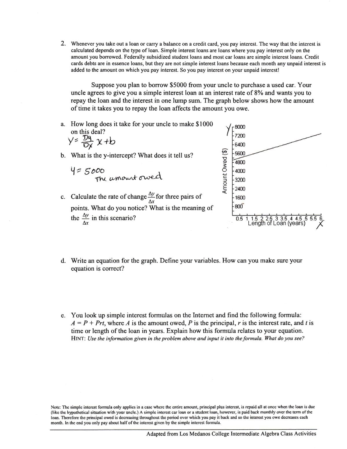 2. Whenever you take out a loan or carry a balance on a credit card, you pay interest. The way that the interest is
calculated depends on the type of loan. Simple interest loans are loans where you pay interest only on the
amount you borrowed. Federally subsidized student loans and most car loans are simple interest loans. Credit
cards debts are in essence loans, but they are not simple interest loans because each month any unpaid interest is
added to the amount on which you pay interest. So you pay interest on your unpaid interest!
Suppose you plan to borrow $5000 from your uncle to purchase a used car. Your
uncle agrees to give you a simple interest loan at an interest rate of 8% and wants you to
repay the loan and the interest in one lump sum. The graph below shows how the amount
of time it takes you to repay the loan affects the amount you owe.
a. How long does it take for your uncle to make $1000
on this deal?
Dy x+b
8000
-7200
y=
6400
-5600
b. What is the y-intercept? What does it tell us?
4800
4=5000
The amount owed
4000
3200
-2400
Ду
c. Calculate the rate of change
for three pairs of
Ar
-1600
800
points. What do you notice? What is the meaning of
Ay
in this scenario?
the
Ar
0.5 1, 1.5 2 2.5.3 3.5.4 4.5.55.5 6
Length of Loan (years)
X.
d. Write an equation for the graph. Define your variables. How can you make sure your
equation is correct?
e. You look up simple interest formulas on the Internet and find the following formula:
A = P + Prt, where A is the amount owed, P is the principal, r is the interest rate, and t is
time or length of the loan in years. Explain how this formula relates to your equation.
HINT: Use the information given in the problem above and input it into the formula. What do you see?
Note: The simple interest formula only applies in a case where the entire amount, principal plus interest, is repaid all at once when the loan is due
(like the hypothetical situation with your uncle.) A simple interest car loan or a student loan, however, is paid back monthly over the term of the
loan. Therefore the principal owed is decreasing throughout the period over which you pay it back and so the interest you owe decreases each
month. In the end you only pay about half of the interest given by the simple interest formula.
Adapted from Los Medanos College Intermediate Algebra Class Activities
Amount Owed ($)
