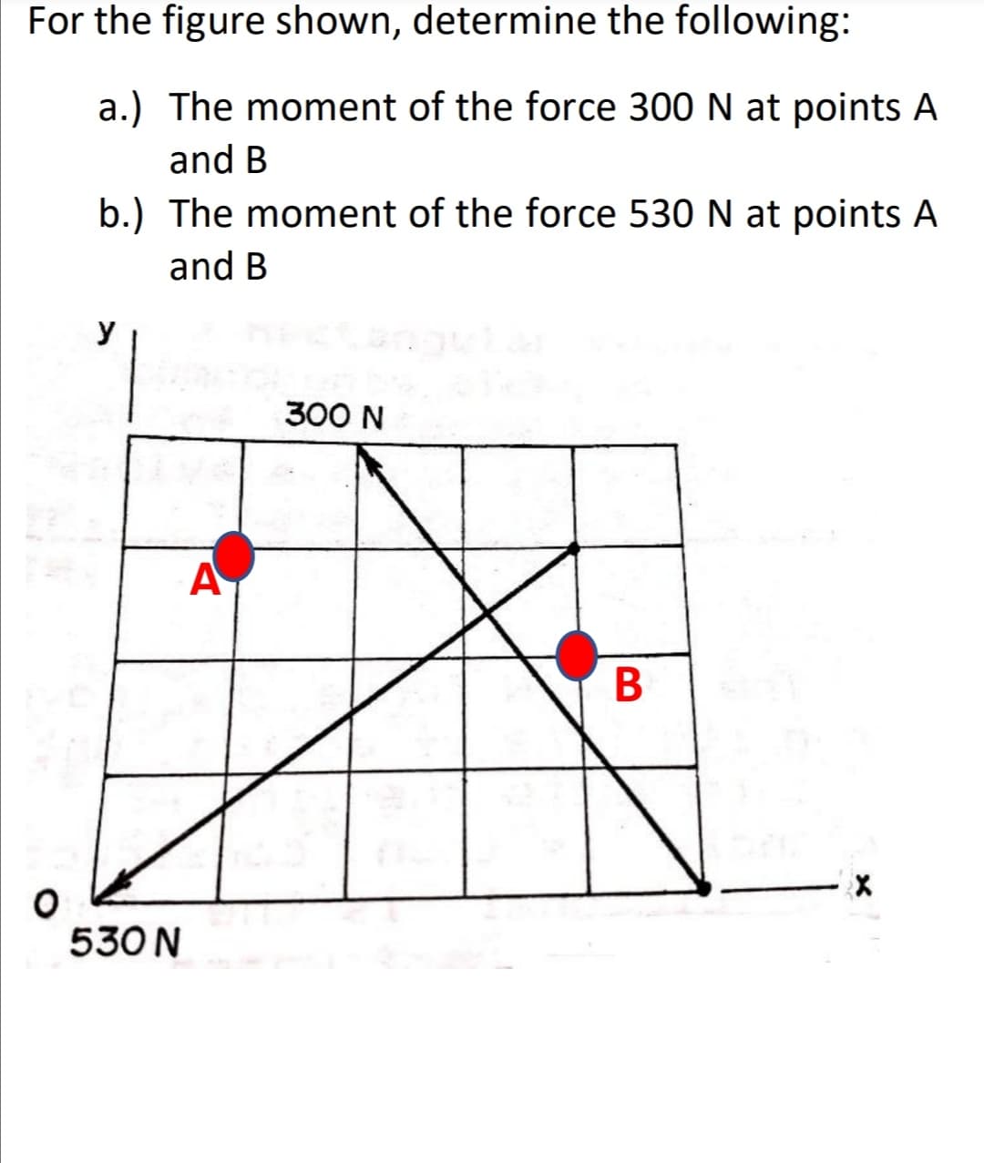 For the figure shown, determine the following:
a.) The moment of the force 300 N at points A
and B
b.) The moment of the force 530 N at points A
and B
y
300 N
A
В
530 N
