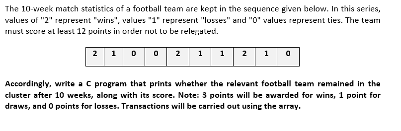 The 10-week match statistics of a football team are kept in the sequence given below. In this series,
values of "2" represent "wins", values "1" represent "losses" and "0" values represent ties. The team
must score at least 12 points in order not to be relegated.
2
1
2
1
1
2
1
Accordingly, write a C program that prints whether the relevant football team remained in the
cluster after 10 weeks, along with its score. Note: 3 points will be awarded for wins, 1 point for
draws, and O points for losses. Transactions will be carried out using the array.

