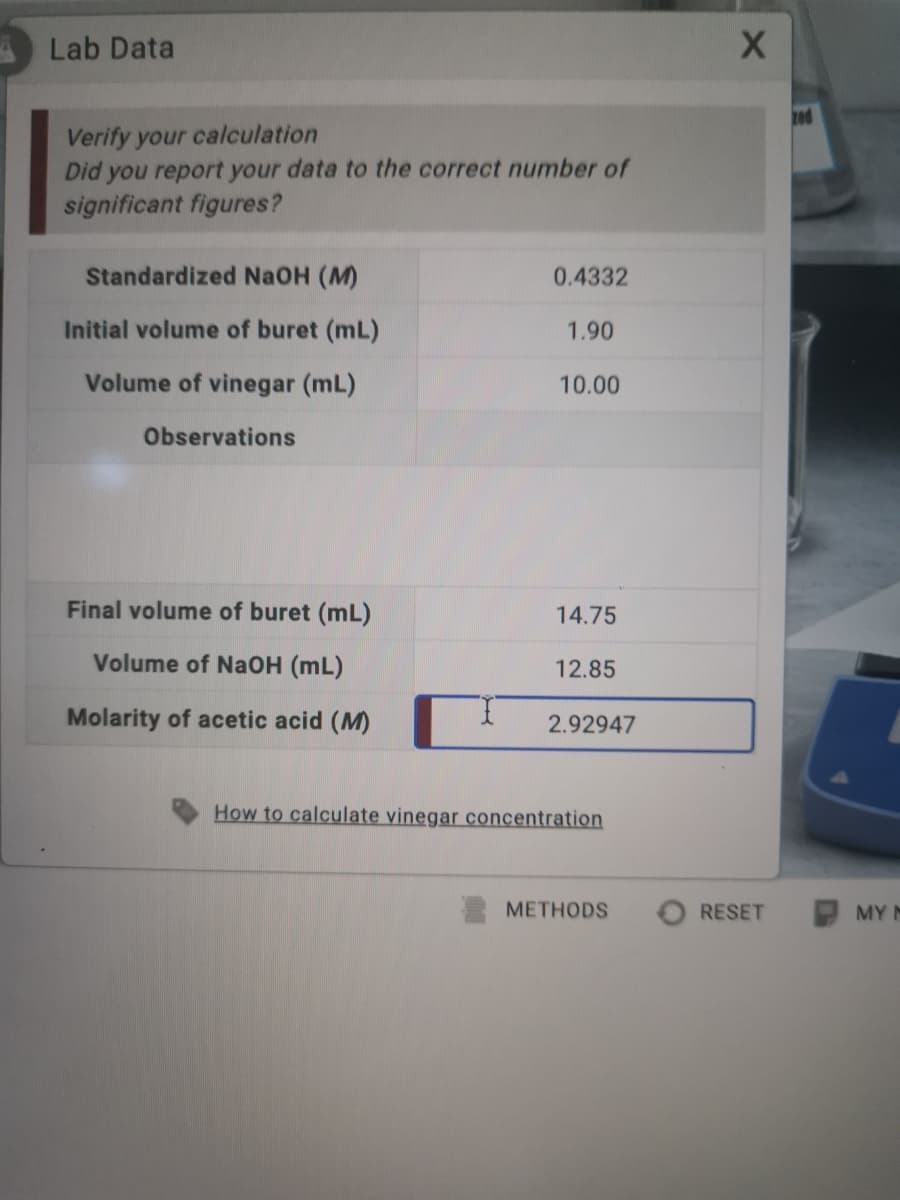 Lab Data
Verify your calculation
Did you report your data to the correct number of
significant figures?
Standardized NaOH (M)
0.4332
Initial volume of buret (mL)
1.90
Volume of vinegar (mL)
10.00
Observations
Final volume of buret (mL)
14.75
Volume of NaOH (mL)
12.85
Molarity of acetic acid (M)
2.92947
How to calculate vinegar concentration
МЕТHODS
RESET
MY N
