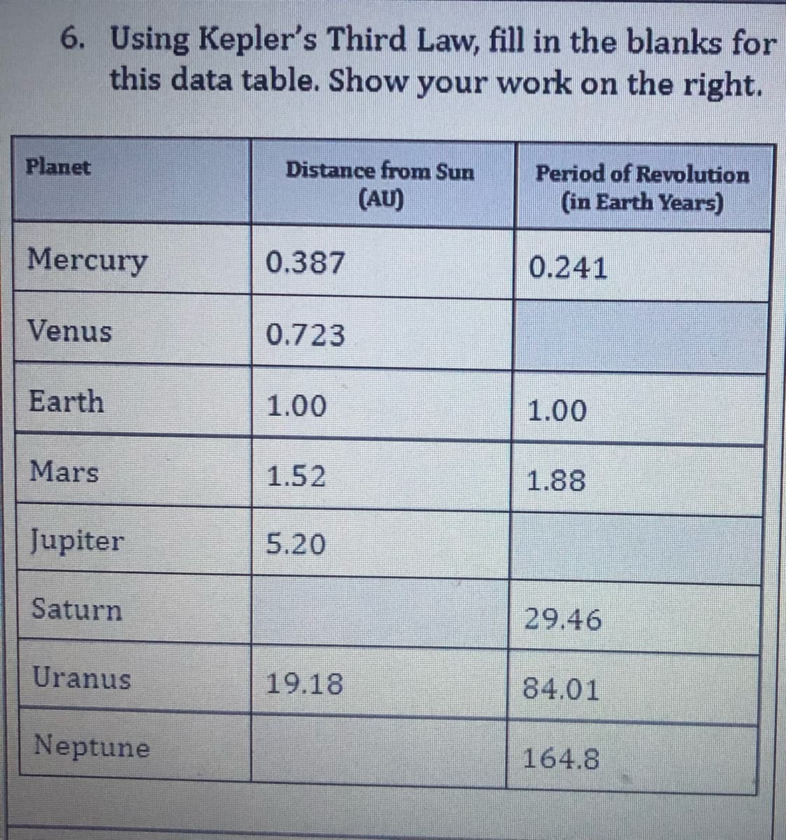 6. Using Kepler's Third Law, fill in the blanks for
this data table. Show your work on the right.
Planet
Distance from Sun
Period of Revolution
(in Earth Years)
(AU)
Mercury
0.387
0.241
Venus
0.723
Earth
1.00
1.00
Mars
1.52
1.88
Jupiter
5.20
Saturn
29.46
Uranus
19.18
84.01
Neptune
164.8
