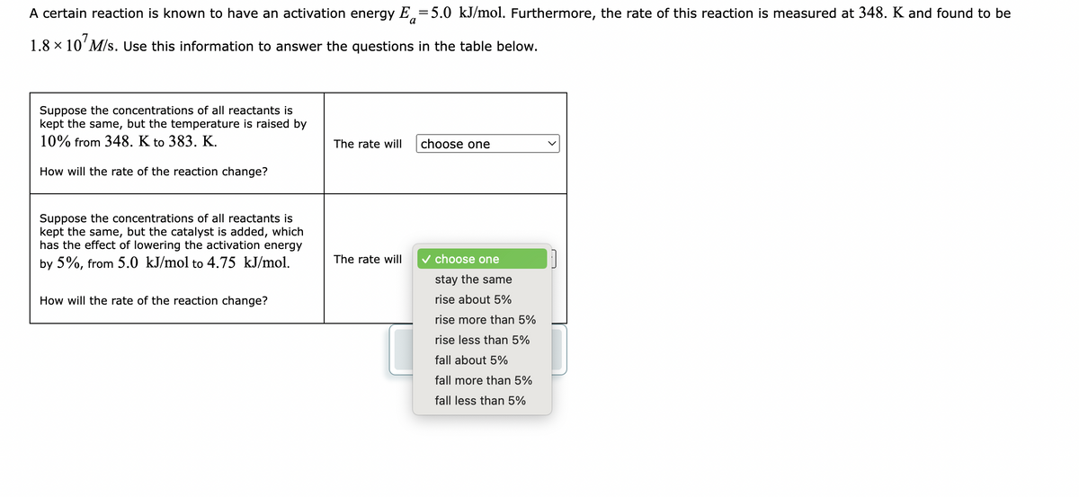 A certain reaction is known to have an activation energy E=5.0 kJ/mol. Furthermore, the rate of this reaction is measured at 348. K and found to be
1.8 × 107 M/s. Use this information to answer the questions in the table below.
Suppose the concentrations of all reactants is
kept the same, but the temperature is raised by
10% from 348. K to 383. K.
The rate will
choose one
How will the rate of the reaction change?
Suppose the concentrations of all reactants is
kept the same, but the catalyst is added, which
has the effect of lowering the activation energy
by 5%, from 5.0 kJ/mol to 4.75 kJ/mol.
The rate will
✓ choose one
stay the same
rise about 5%
How will the rate of the reaction change?
rise more than 5%
rise less than 5%
fall about 5%
fall more than 5%
fall less than 5%
n