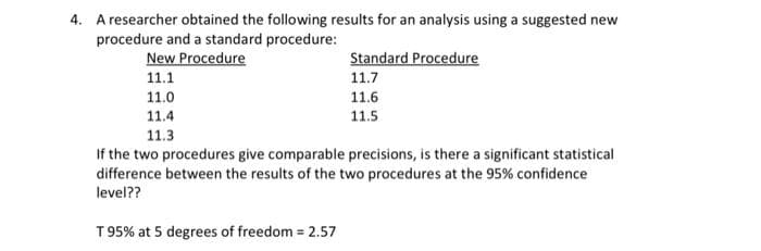 4. A researcher obtained the following results for an analysis using a suggested new
procedure and a standard procedure:
New Procedure
11.1
11.0
11.4
11.3
Standard Procedure
11.7
11.6
11.5
If the two procedures give comparable precisions, is there a significant statistical
difference between the results of the two procedures at the 95% confidence
level??
T 95% at 5 degrees of freedom = 2.57