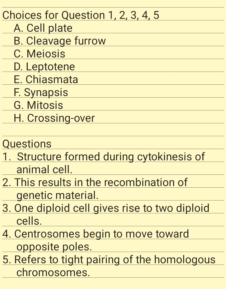 Choices for Question 1, 2, 3, 4, 5
A. Cell plate
B. Cleavage furrow
C. Meiosis
D. Leptotene
E. Chiasmata
F. Synapsis
G. Mitosis
H. Crossing-over
Questions
1. Structure formed during cytokinesis of
animal cell.
2. This results in the recombination of
genetic material.
3. One diploid cell gives rise to two diploid
cells.
4. Centrosomes begin to move toward
opposite poles.
5. Refers to tight pairing of the homologous
chromosomes.
