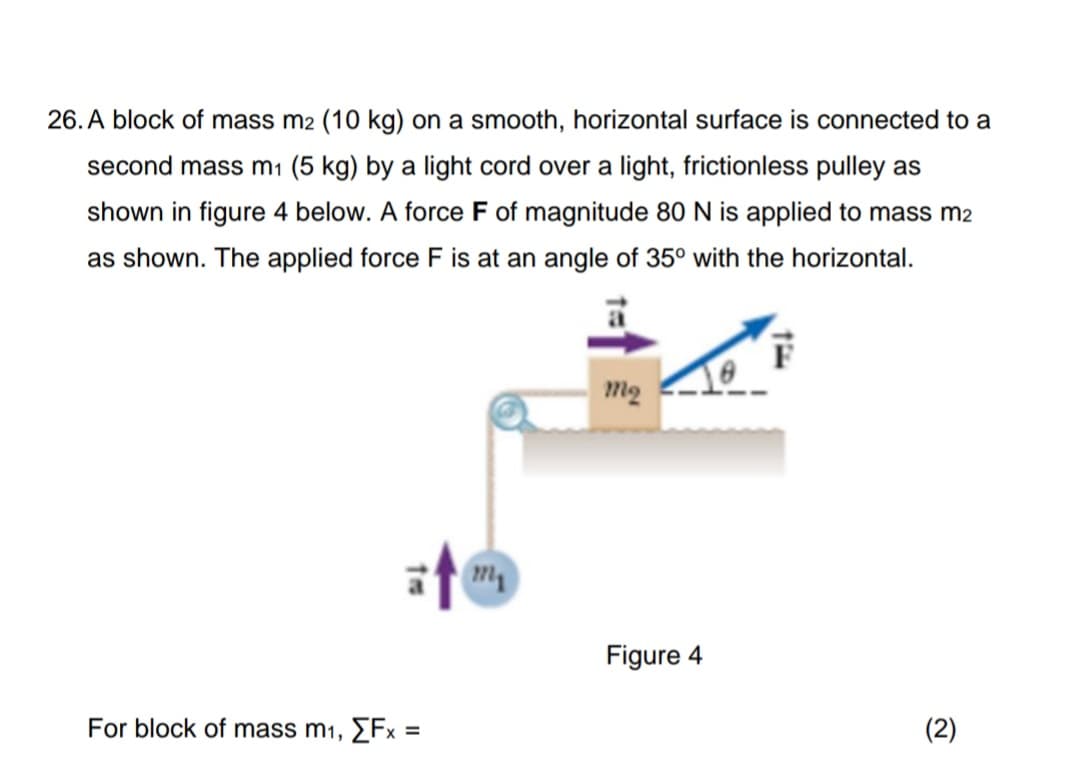 26. A block of mass m2 (10 kg) on a smooth, horizontal surface is connected to a
second mass mı (5 kg) by a light cord over a light, frictionless pulley as
shown in figure 4 below. A force F of magnitude 80N is applied to mass m2
as shown. The applied force F is at an angle of 35° with the horizontal.
F
m2
Figure 4
For block of mass m1,
ΣF
(2)
%3D
