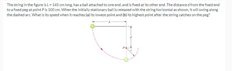 The string in the figure is L-145 cm long, has a ball attached to one end, and is fixed at its other end. The distance d from the fixed end
to a fixed peg at point P is 100 cm. When the initially stationary ball is released with the string horizontal as shown, it will swing along
the dashed arc. What is its speed when it reaches (a) its lowest point and (b) its highest point after the string catches on the peg?