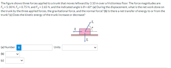 The figure shows three forces applied to a trunk that moves leftward by 3.10 m over a frictionless floor. The force magnitudes are
F₁-5.38 N, F₂-8.75 N, and F3 -2.65 N, and the indicated angle is 0-60°. (a) During the displacement, what is the net work done on
the trunk by the three applied forces, the gravitational force, and the normal force? (b) Is there a net transfer of energy to or from the
trunk? (c) Does the kinetic energy of the trunk increase or decrease?
(a) Number i
(b)
(c)
Units
