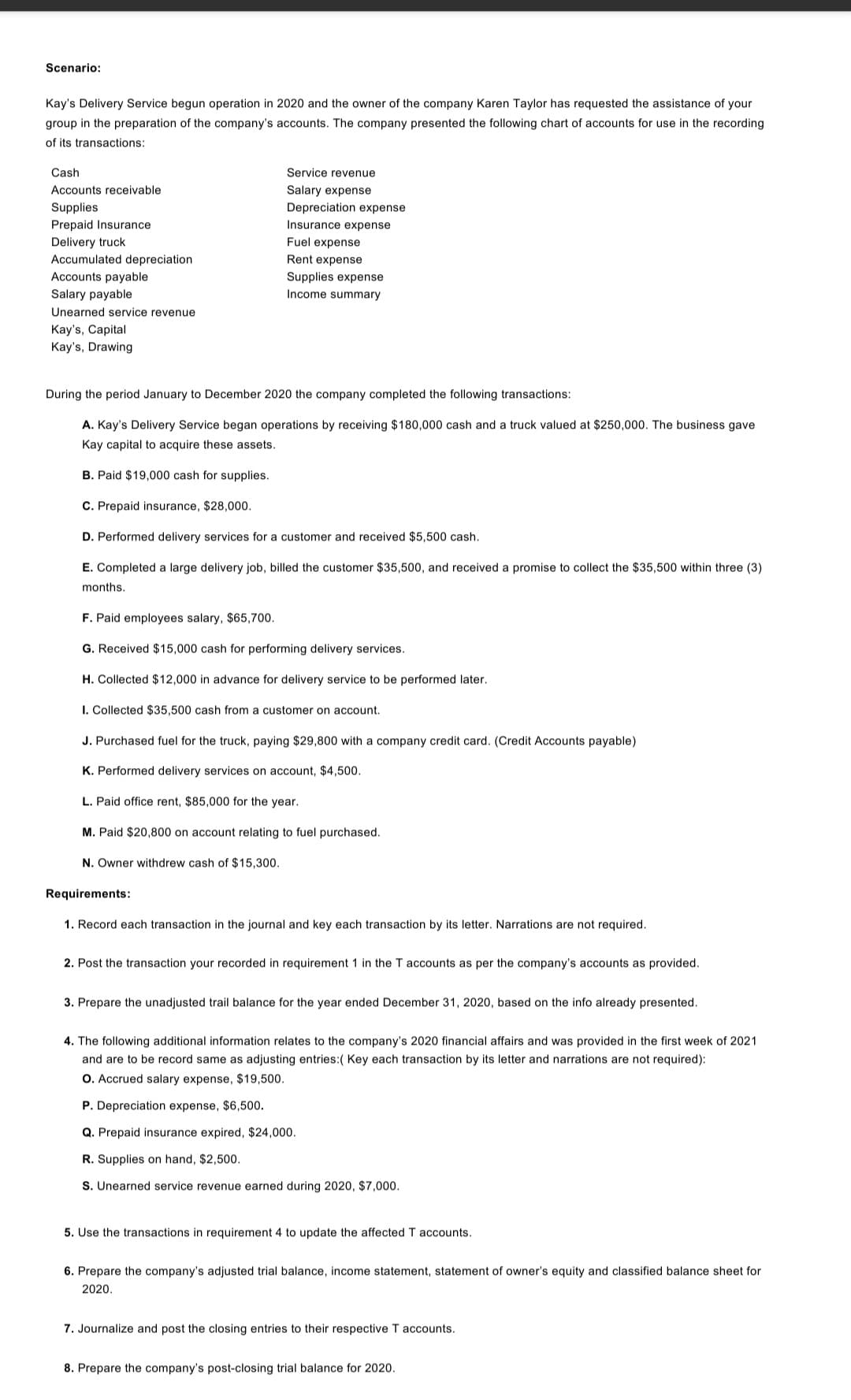 Scenario:
Kay's Delivery Service begun operation in 2020 and the owner of the company Karen Taylor has requested the assistance of your
group in the preparation of the company's accounts. The company presented the following chart of accounts for use in the recording
of its transactions:
Cash
Service revenue
Accounts receivable
Salary expense
Supplies
Prepaid Insurance
Delivery truck
Accumulated depreciation
Depreciation expense
Insurance expense
Fuel expense
Rent expense
Accounts payable
Supplies expense
Salary payable
Income summary
Unearned service revenue
Kay's, Capital
Kay's, Drawing
During the period January to December 2020 the company completed the following transactions:
A. Kay's Delivery Service began operations by receiving $180,000 cash and a truck valued at $250,000. The business gave
Kay capital to acquire these assets.
B. Paid $19,000 cash for supplies.
C. Prepaid insurance, $28,000.
D. Performed delivery services for a customer and received $5,500 cash.
E. Completed a large delivery job, billed the customer $35,500, and received a promise to collect the $35,500 within three (3)
months.
F. Paid employees salary, $65,700.
G. Received $15,000 cash for performing delivery services.
H. Collected $12,000 in advance for delivery service to be performed later.
I. Collected $35,500 cash from a customer on account.
J. Purchased fuel for the truck, paying $29,800 with a company credit card. (Credit Accounts payable)
K. Performed delivery services on account, $4,500.
L. Paid office rent, $85,000 for the year.
M. Paid $20,800 on account relating to fuel purchased.
N. Owner withdrew cash of $15,300.
Requirements:
1. Record each transaction in the journal and key each transaction by its letter. Narrations are not required.
2. Post the transaction your recorded in requirement 1 in the T accounts as per the company's accounts as provided.
3. Prepare the unadjusted trail balance for the year ended December 31, 2020, based on the info already presented.
4. The following additional information relates to the company's 2020 financial affairs and was provided in the first week of 2021
and are to be record same as adjusting entries:( Key each transaction by its letter and narrations are not required):
O. Accrued salary expense, $19,500.
P. Depreciation expense, $6,500.
Q. Prepaid insurance expired, $24,000.
R. Supplies on hand, $2,500.
S. Unearned service revenue earned during 2020, $7,000.
5. Use the transactions in requirement 4 to update the affected T accounts.
6. Prepare the company's adjusted trial balance, income statement, statement of owner's equity and classified balance sheet for
2020.
7. Journalize and post the closing entries to their respective T accounts.
8. Prepare the company's post-closing trial balance for 2020.
