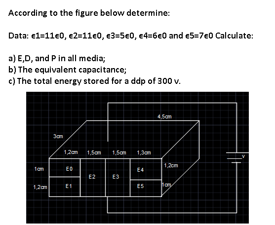 According to the figure below determine:
Data: €1=11e0, e2=11e0, e3=5e0, €4=6€0 and e5=7€0 Calculate:
a) E,D, and P in all media;
b) The equivalent capacitance;
c) The total energy stored for a ddp of 300 v.
4,5cm
3cm
1,2cm
1,5cm
1,5cm
1,3сm
1,2сm
1cm
EO
E4
E2
ЕЗ
1,2cm
Е1
E5
