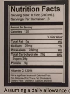 Nutrition Facts
Serving Size: 8 fl oz (240 mL.)
Servings Per Container. 8
Calories 120
%Daily value"
0%
1%
Total Fat
Sodium 25mg
Potassium 280mg
Total Carbohydrate 29g
10%
Protein 09
Vitamin C 120%
Assuming a daily allowance
