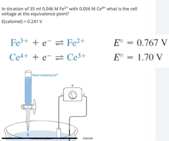 In titration of 35 ml 0.046 M Fe2* with 0.056 M Ce4* what is the cell
voltage at the equivalence point?
E(calomel) = 0.241 V
Fe3+ + e¯ = Fe²+
E° = 0.767 V
Ce4+ + e- = Ce3+
E° = 1.70 V
Buret containing Ce
Calomel
