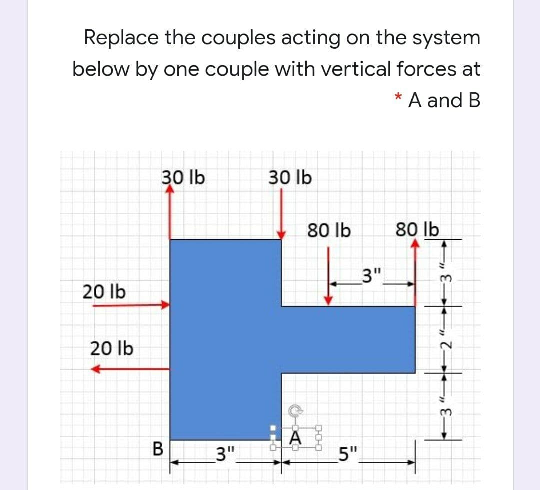 Replace the couples acting on the system
below by one couple with vertical forces at
A and B
30 lb
30 lb
80 lb
80 lb
3"
20 Ib
20 Ib
В
3".
5".
