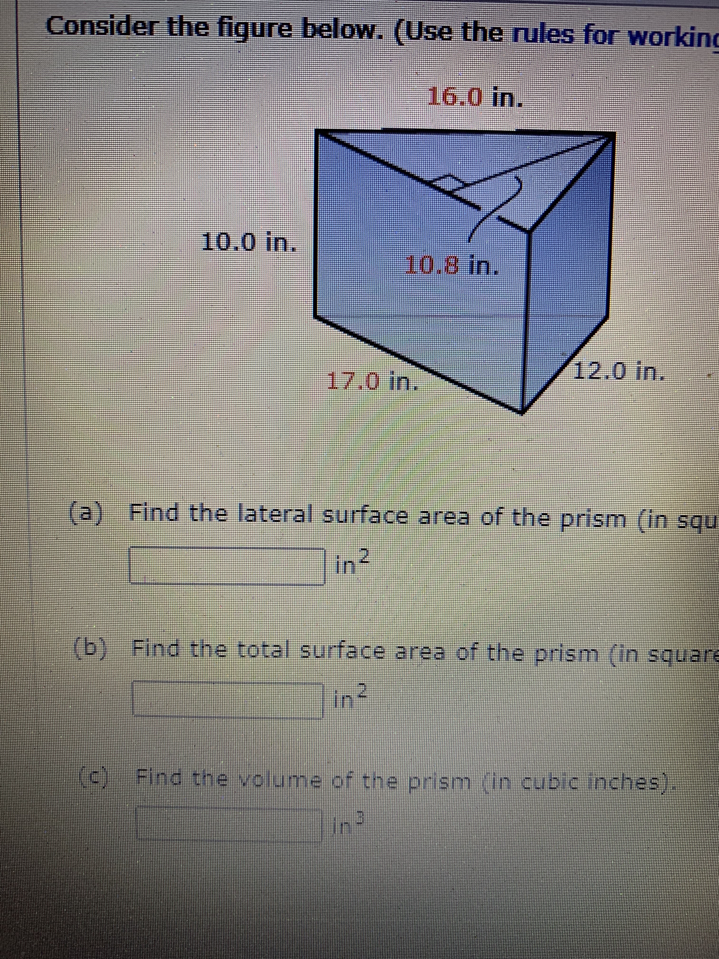 (0) Find the volume of the prism (in cubic inches).
ind
