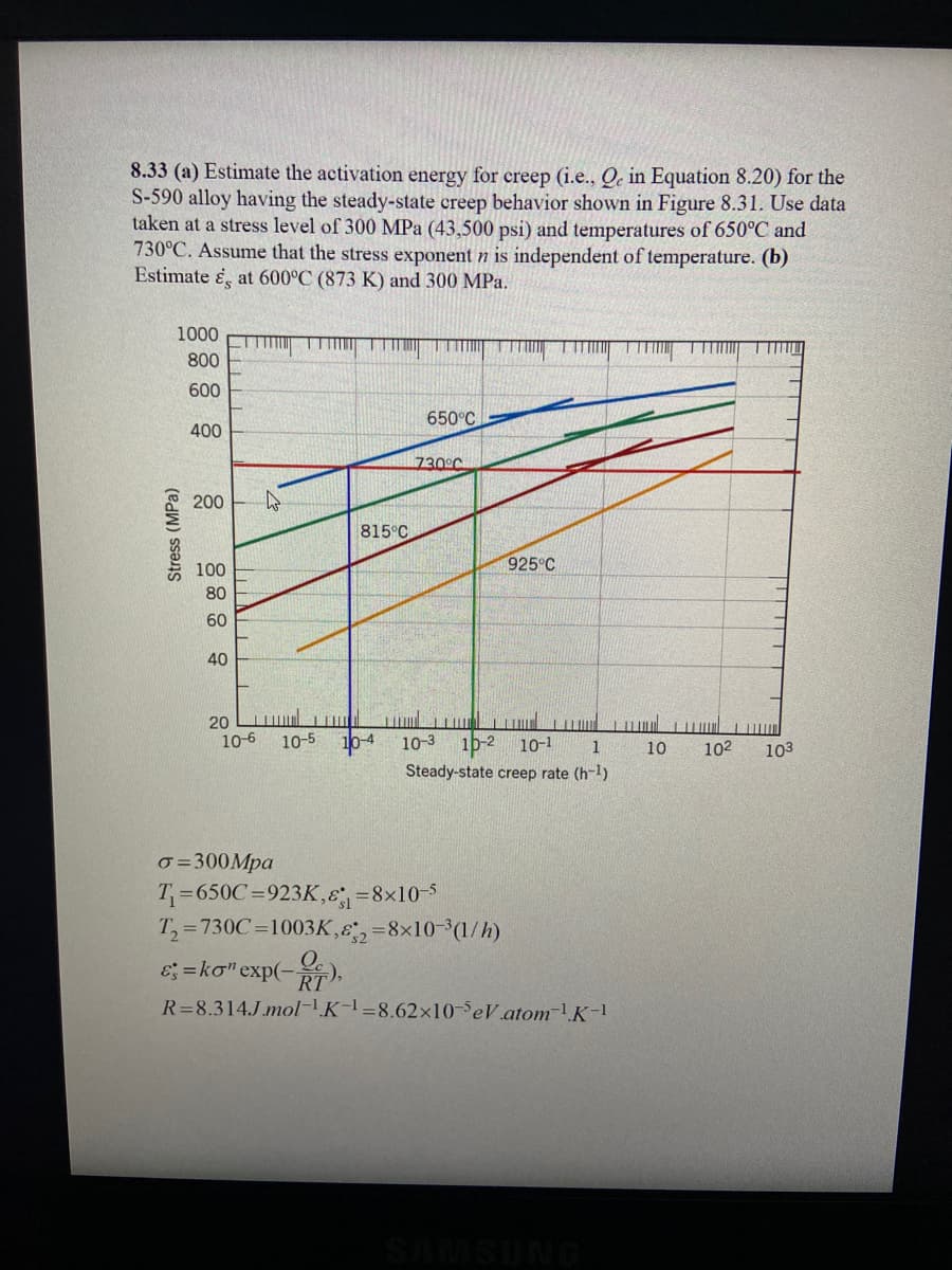 8.33 (a) Estimate the activation energy for creep (i.e., Qe in Equation 8.20) for the
S-590 alloy having the steady-state creep behavior shown in Figure 8.31. Use data
taken at a stress level of 300 MPa (43,500 psi) and temperatures of 650°C and
730°C. Assume that the stress exponent n is independent of temperature. (b)
Estimate &, at 600°C (873 K) and 300 MPa.
1000
800
600
650°C
400
730°C
200
815°C
925°C
100
80
60
40
20
10-6
10-3 10-2 10-1
10-5
10-4
102
1
10
103
Steady-state creep rate (h-1)
o =300Mpa
T=650C=923K,=8x10-5
T, =730C=1003K,ɛ,=8x10-3(1/h)
E; =ko" exp(-),
RT
R=8.314.J.molK-=8.62x10-SeV.atomK-1
Stress (MPa)
