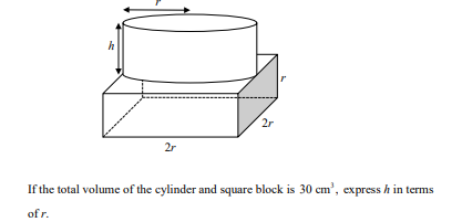 2r
2r
If the total volume of the cylinder and square block is 30 cm', express h in terms
of r.
