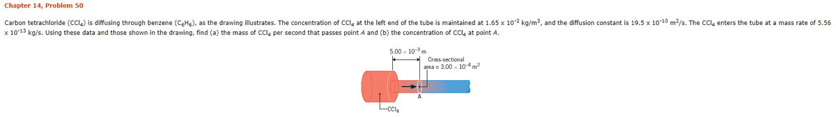 Chapter 14, Problem 50
Carbon tetrachloride (CCI4) is diffusing through benzene (CgHs), as the drawing illustrates. The concentration of CCI, at the left end of the tube is maintained at 1.65 x 10-2 kg/m3, and the diffusion constant is 19.5 x 10-10 m2/s. The CCI4 enters the tube at a mass rate of 5.56
x 1013 kg/s. Using these data and those shown in the drawing, find (a) the mass of CCI4 per second that passes point A and (b) the concentration of CCl, at point A.
5.00 x 10-3 m
Cross-sectional
area = 3.00 x 10-4 m2
