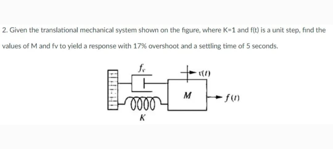 2. Given the translational mechanical system shown on the figure, where K=1 and f(t) is a unit step, find the
values of M and fv to yield a response with 17% overshoot and a settling time of 5 seconds.
0000
K
M
X(1)
•ƒ(1)