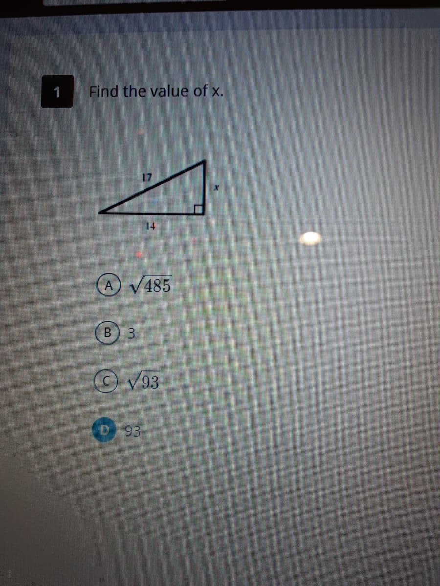 1
Find the value of x.
17
14
A V485
B.
3.
CV93
D 93
