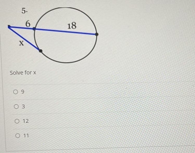 5.
X
6
Solve for x
09
0 3
O 12
O 11
18